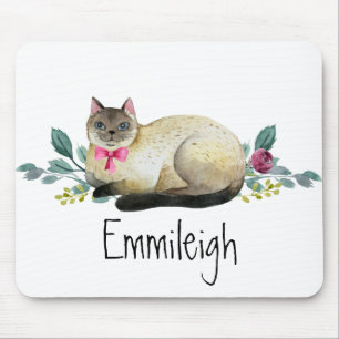 Tapis De Souris Chat siamois floral pourpre feuilles vertes blanc