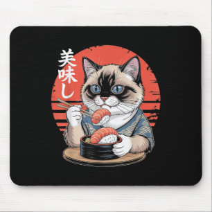 Tapis De Souris Chat siamois japonais mangeant des sushis Kawaii A