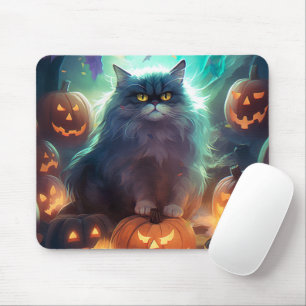 Tapis De Souris Chat Sibérien D'Halloween Avec Peur Citrouille