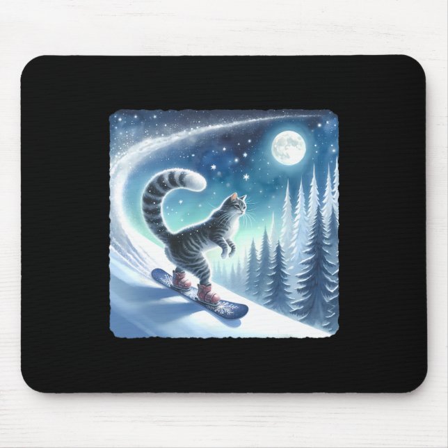 Tapis De Souris Chat Snowboard Sur La Pente Froide. Neige (Devant)