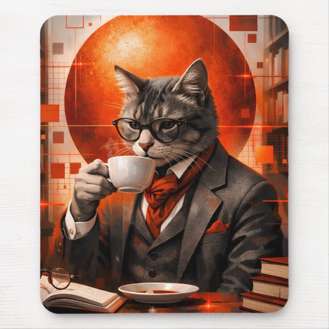 Tapis de souris Chat Sophistiqué Buvant du Café (Devant)