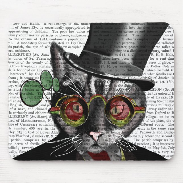 Tapis De Souris Chat Steampunk - Chapeau supérieur et verres jaune (Devant)