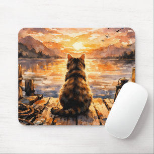 Tapis De Souris Chat sur le quai au coucher du soleil