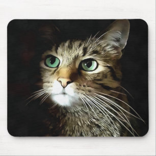Tapis De Souris Chat Tigre aux Yeux Verts Isolés sur Fond Noir