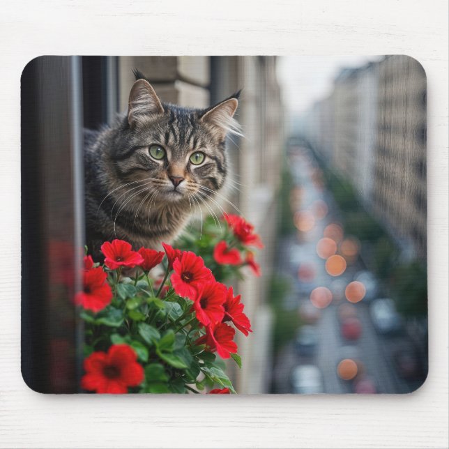 Tapis De Souris Chat Tigré D'Appartement Dans La Fenêtre (Devant)