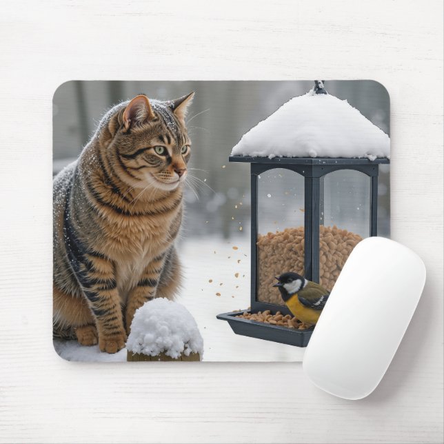 Tapis De Souris Chat Tigre Observant un Oiseau sur une Mangeoire (Avec souris)