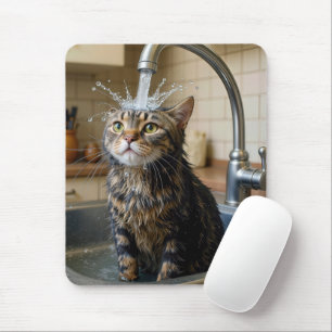 Tapis De Souris Chat tigré sous un robinet de cuisine