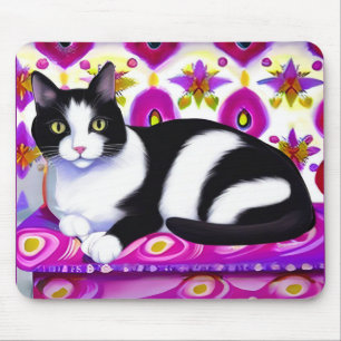 Tapis De Souris Chat Tuxedo noir et blanc sur un coussin