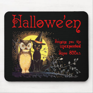 Tapis De Souris Chat vintage et hibou Mousepad de Halloween