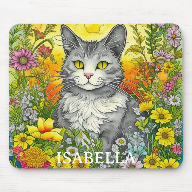 Tapis De Souris Chat Whimsical Personnalisé et Fleurs (Devant)