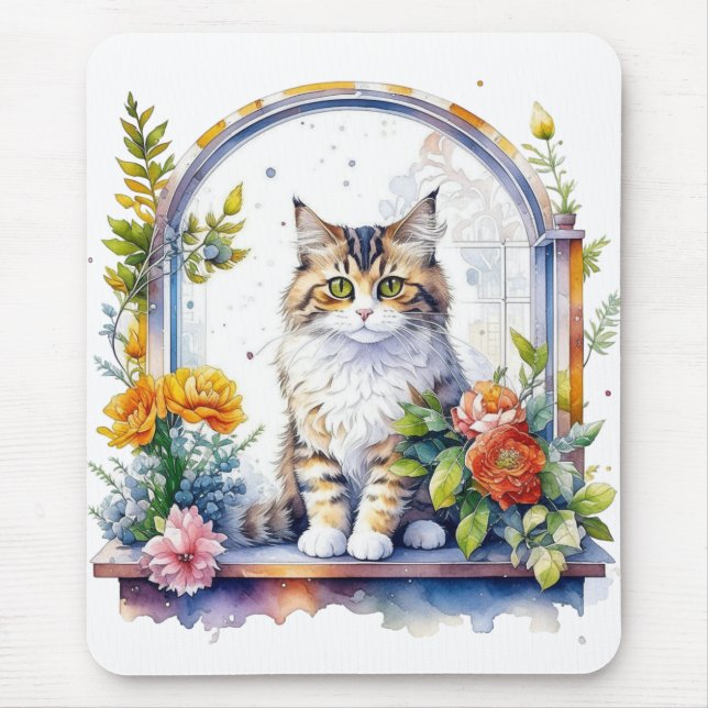 Tapis De Souris Chat Whimsical sucré en fenêtre de fleurs (Devant)
