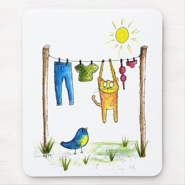 Tapis De Souris Chat Whimsical sur une ligne de linge (Devant)