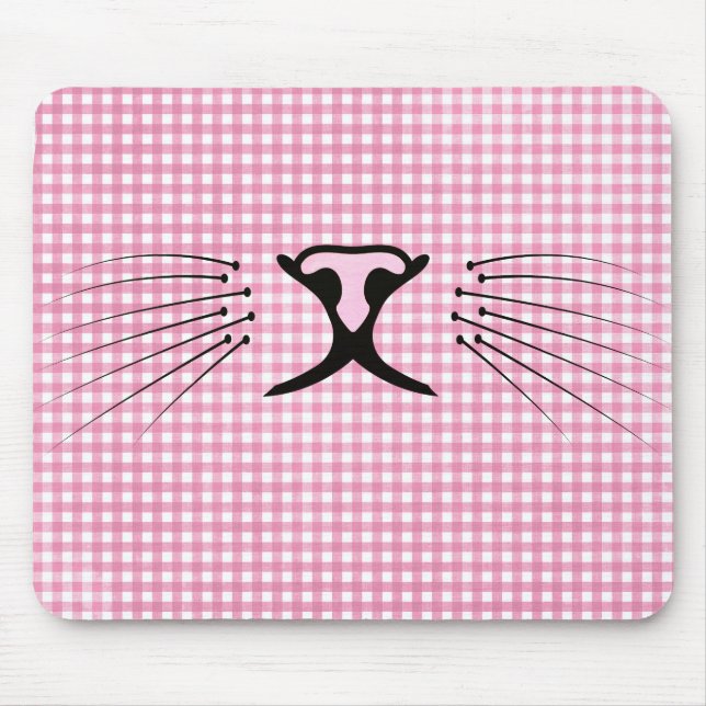 Tapis De Souris Chat Whiskers sur En vichy rose et blanc (Devant)