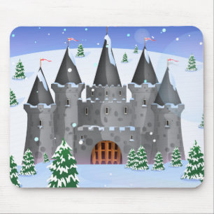 Tapis De Souris Château de contes de fées sous la neige hivernale