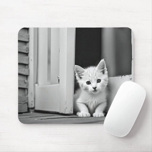 Tapis De Souris Chaton blanc dans l'encadrement de la porte (Avec souris)