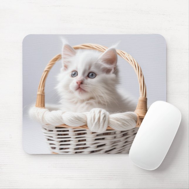 Tapis De Souris Chaton blanc dans une panier (Avec souris)
