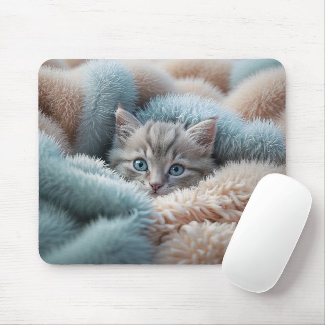Tapis De Souris Chaton duveteux dans une couverture douce (Avec souris)
