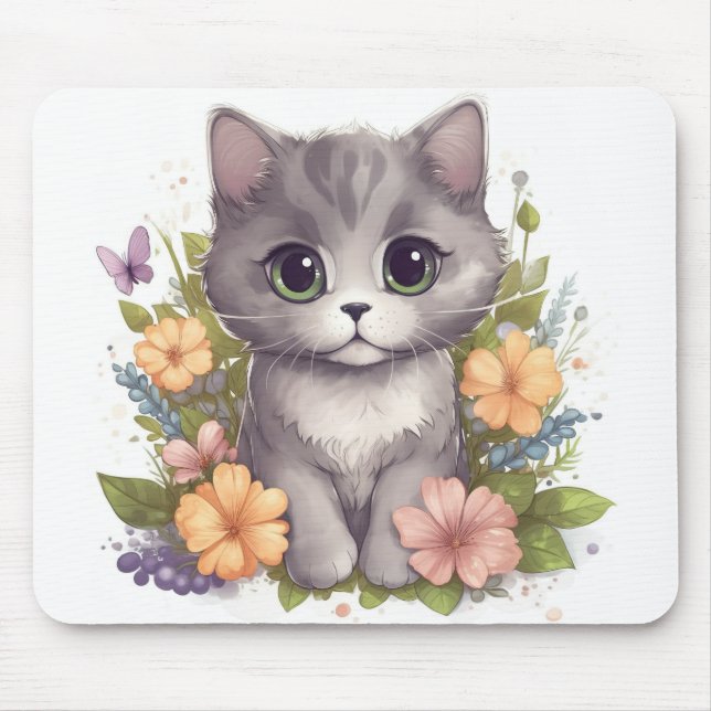 Tapis De Souris Chaton gris doux avec fleurs Kawaii Chibi (Devant)