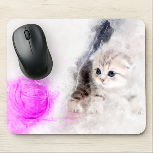 Tapis De Souris Chaton jouant avec une boule de laine rose à l'aqu