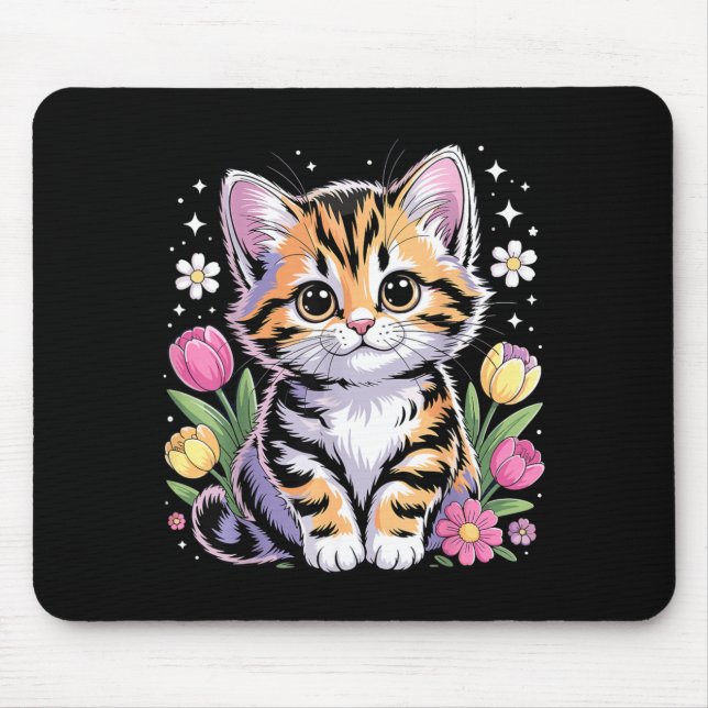 Tapis De Souris Chaton Mignon Fleur Kawaii (Devant)