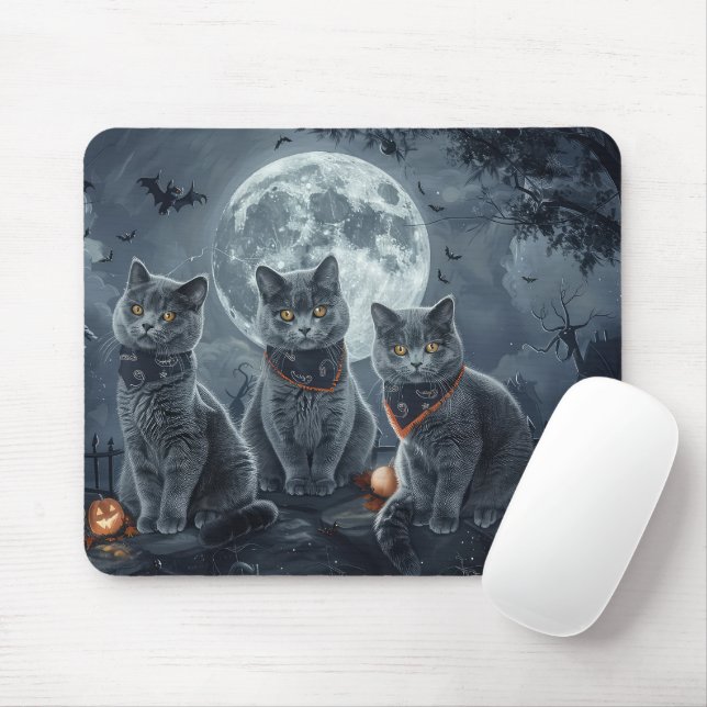 Tapis De Souris Chats Bleus Russe Halloween Éffrayant (Avec souris)