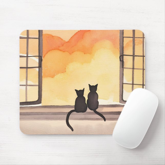 Tapis De Souris Chats dans la fenêtre | Silhouette de l'aquarelle  (Avec souris)