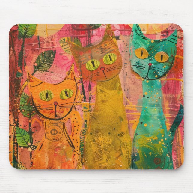 Tapis De Souris Chats d'aquarelle de Boho - Art de la féline terre (Devant)