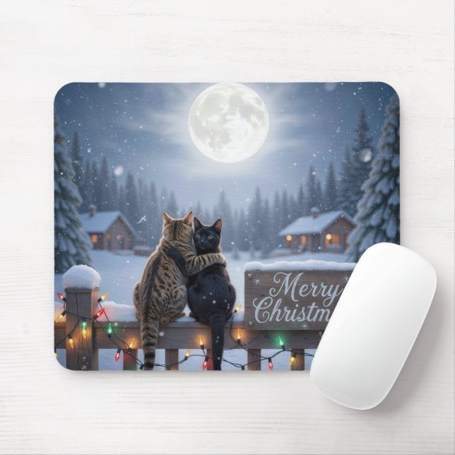 Tapis De Souris Chats de Noël s'étreignant sur une clôture enneigé (Avec souris)