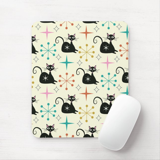 Tapis De Souris Chats noirs atomiques de milieu de siècle avec éto (Avec souris)