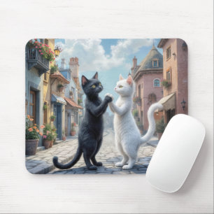 Tapis De Souris Chats noirs et blancs dansant sur cobblestone