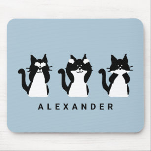 Tapis De Souris Chats noirs et blancs Trois sages chatons bleu c