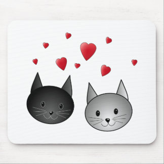Tapis De Souris Chats noirs et gris mignons, avec des coeurs