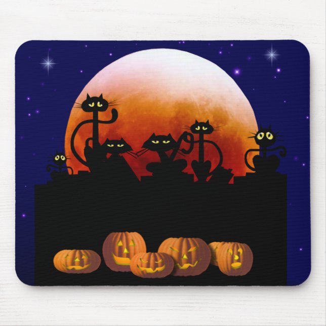Tapis De Souris Chats noirs, lune, citrouilles Mousepad (Devant)