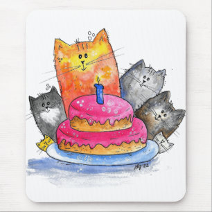 Tapis De Souris Chats Whimsical avec gâteau d'anniversaire
