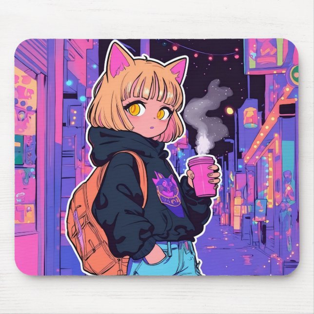 Tapis de souris Chatte Cyberpunk – Esthétique Néon (Devant)