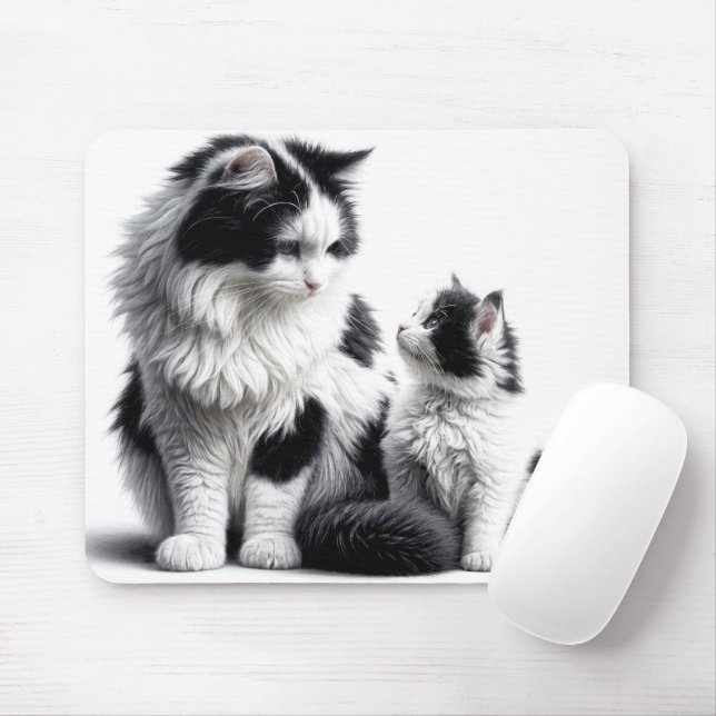 Tapis De Souris Chatte et chaton sur fond blanc (Avec souris)