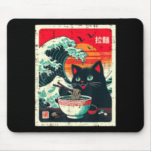 Tapis De Souris Chatte noire mangeant des ramen japonais vague de