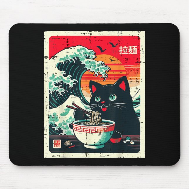 Tapis De Souris Chatte noire mangeant des ramen japonais vague de  (Devant)