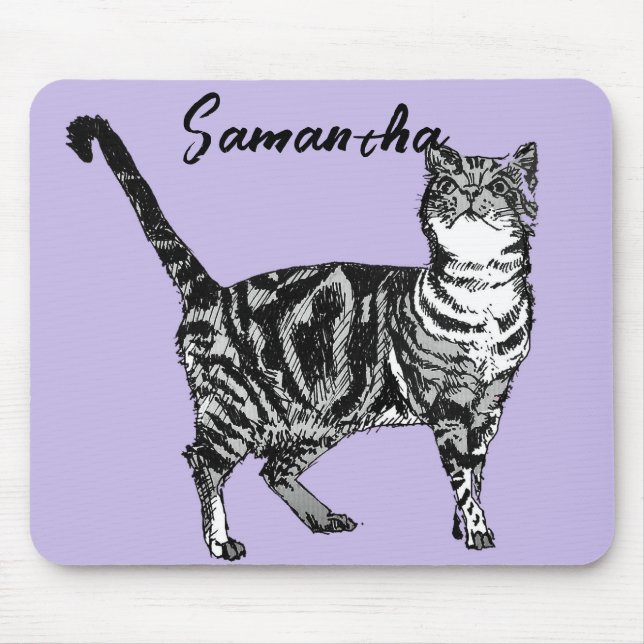 Tapis De Souris Chatte tigrée noire et blanche Nom Violet  (Devant)
