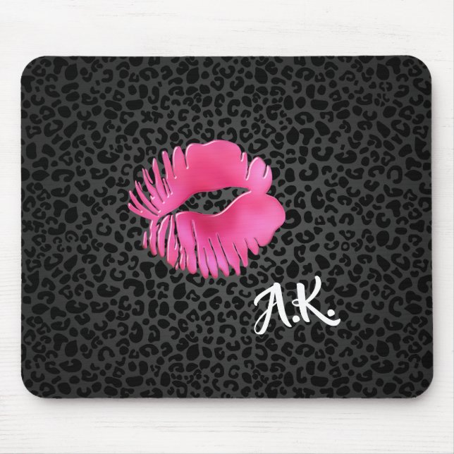 Tapis De Souris Chaud rose Lipgloss Kiss Black Leopard Avec Monogr (Devant)