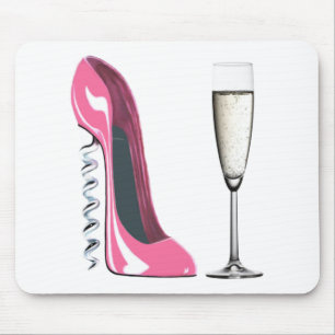 Tapis De Souris Chaussure de tire-bouchon et verre stylets roses
