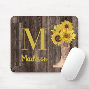 Tapis De Souris Chaussures de cowgirl tournesols Monogramme bois r
