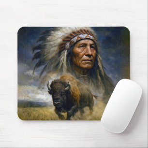Tapis De Souris Chef amérindien avec un buffle chargeant