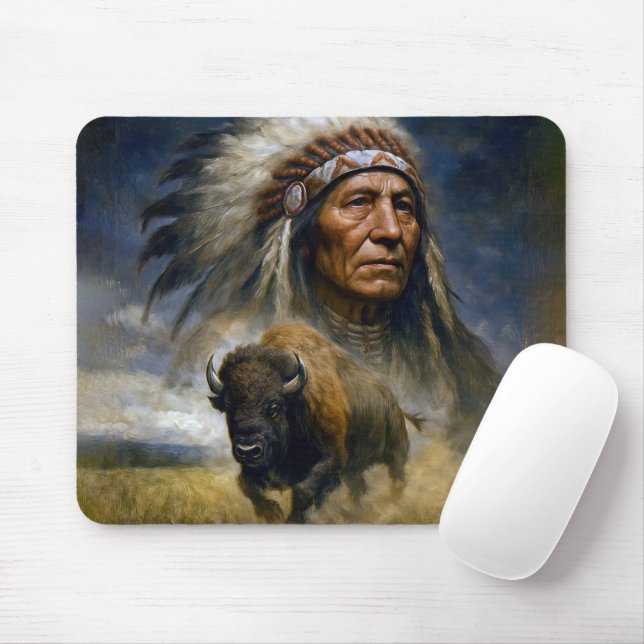 Tapis De Souris Chef amérindien avec un buffle chargeant (Avec souris)