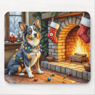 Tapis De Souris Cheminée Blue Heeler avec lumières de Noël