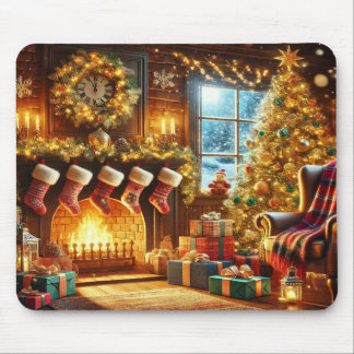 Tapis De Souris Cheminée de Noël & arbre dans un pays des merveill