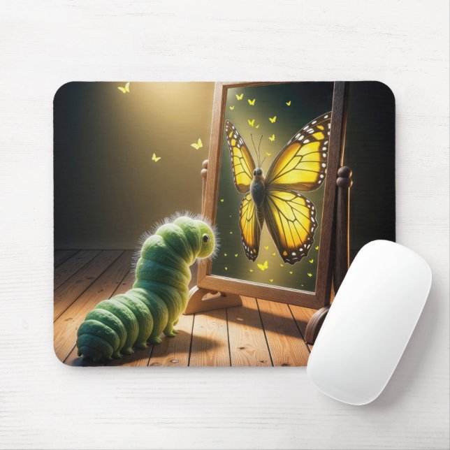 Tapis De Souris Chenille regardant un papillon dans un miroir (Avec souris)