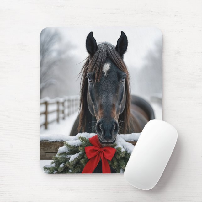 Tapis De Souris Cheval avec une couronne de Noël (Avec souris)