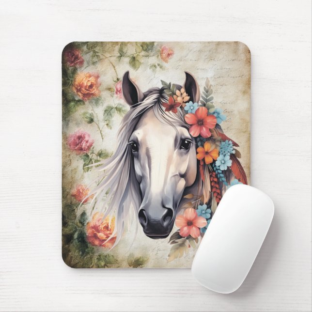 Tapis De Souris Cheval blanc dans les fleurs. (Avec souris)