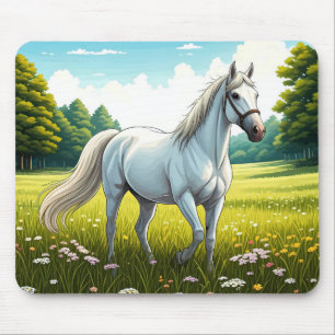 Tapis De Souris Cheval blanc debout dans un champ d'herbe